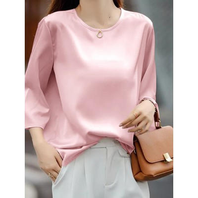 Solid Satin 3 4 Sleeve Crew Neck Casual Blouse