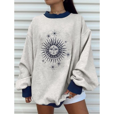 Women Daily Animated Printed Sun Flower Splicing Loose Sleeve Youngster Sweatshirt