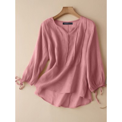 Solid Tie  up At Cuffs 3 4 Sleeve V  neck Blouse